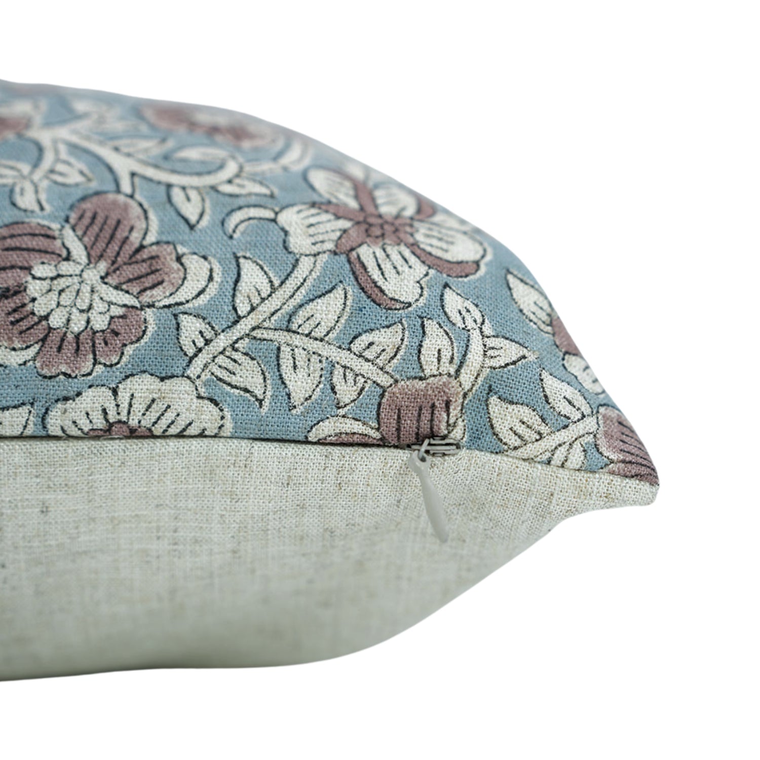 Saundrya Block Printed Handmade Floral Cushion Protector – Light Blue & Brown 