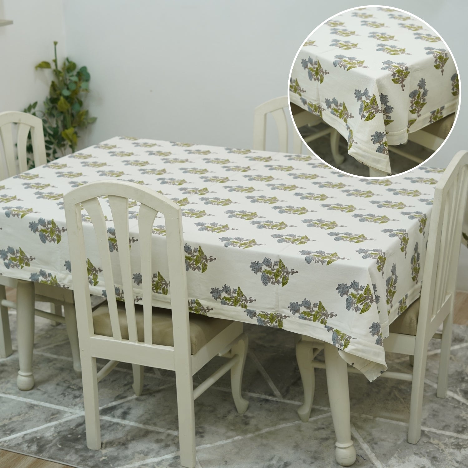 Floral Hand-Block Printed Thick Cotton White Table Covering - Abhishek By Fabdivine