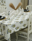 Floral Hand-Block Printed Thick Cotton White Table Covering - Abhishek By Fabdivine