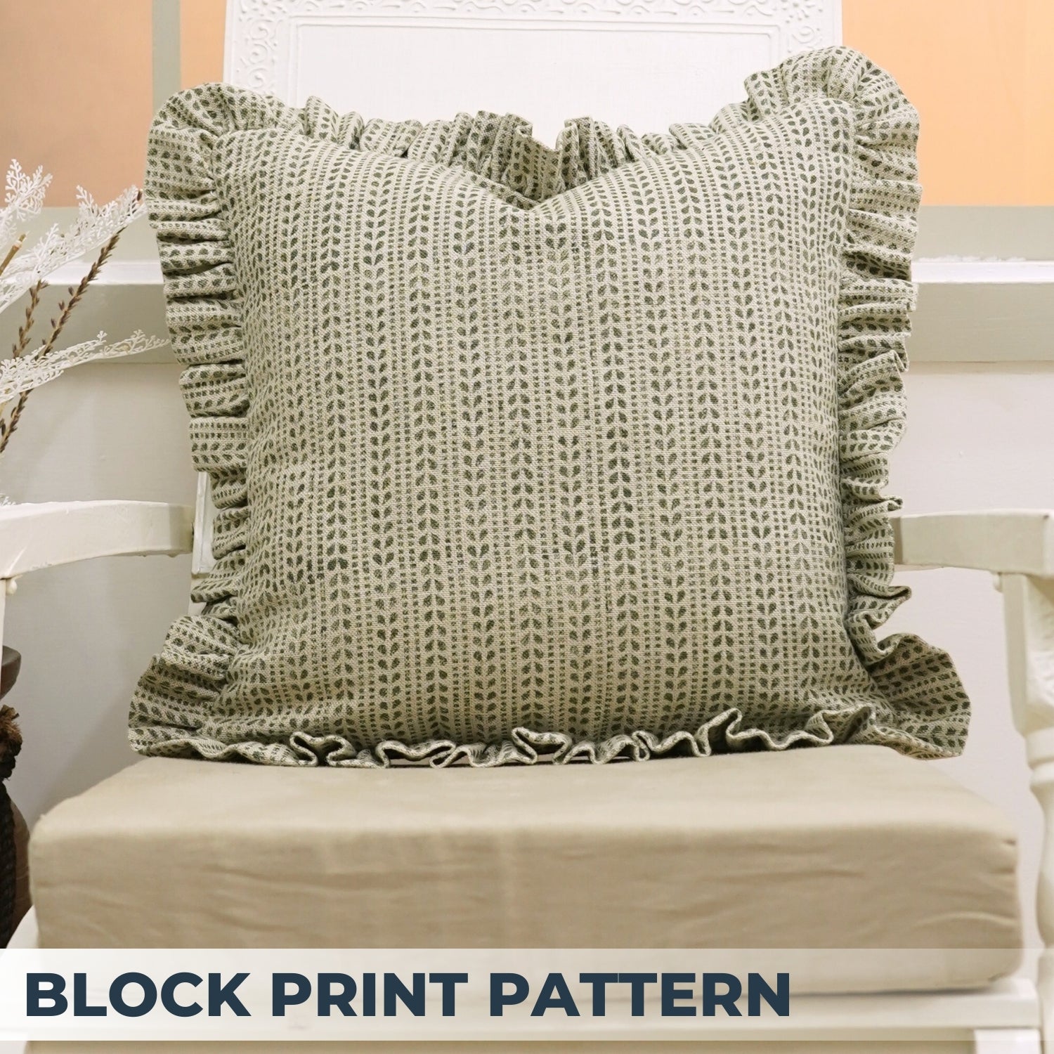 Block Print Thick Linen Frill Pillow Cover-Ratanbel