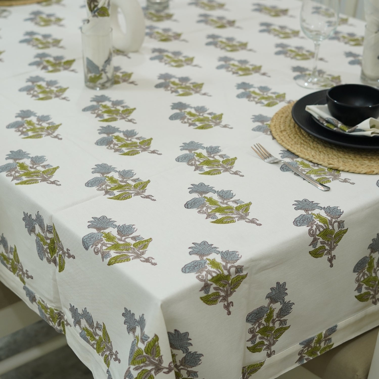 Floral Hand-Block Printed Thick Cotton White Table Covering - Abhishek By Fabdivine