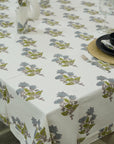 Floral Hand-Block Printed Thick Cotton White Table Covering - Abhishek By Fabdivine