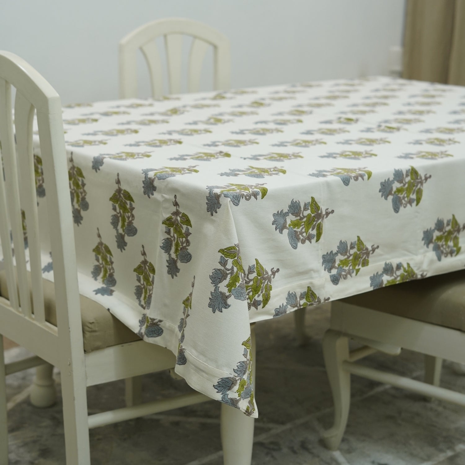 Floral Hand-Block Printed Thick Cotton White Table Covering - Abhishek By Fabdivine