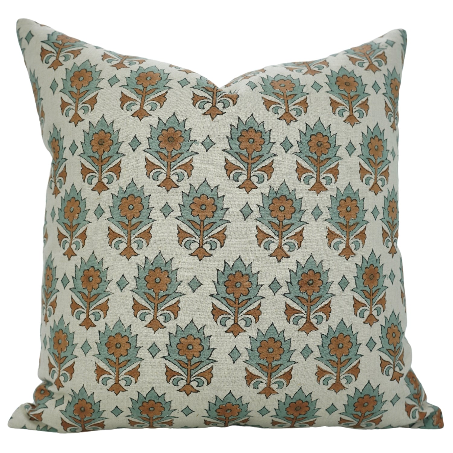 Square Throw Pillow Cover - Hand Block Printed Pure Linen in Kusum Design