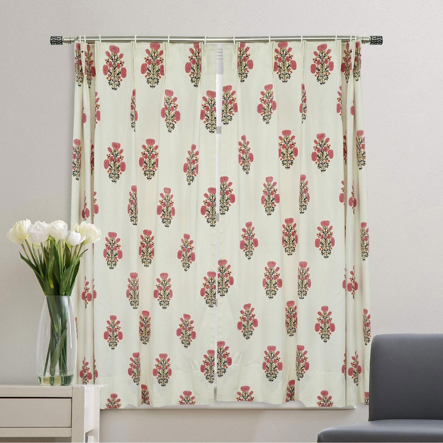 HandBlocked White Linen Blackout Curtains - Elegant Indian Home Decor - Swadesh