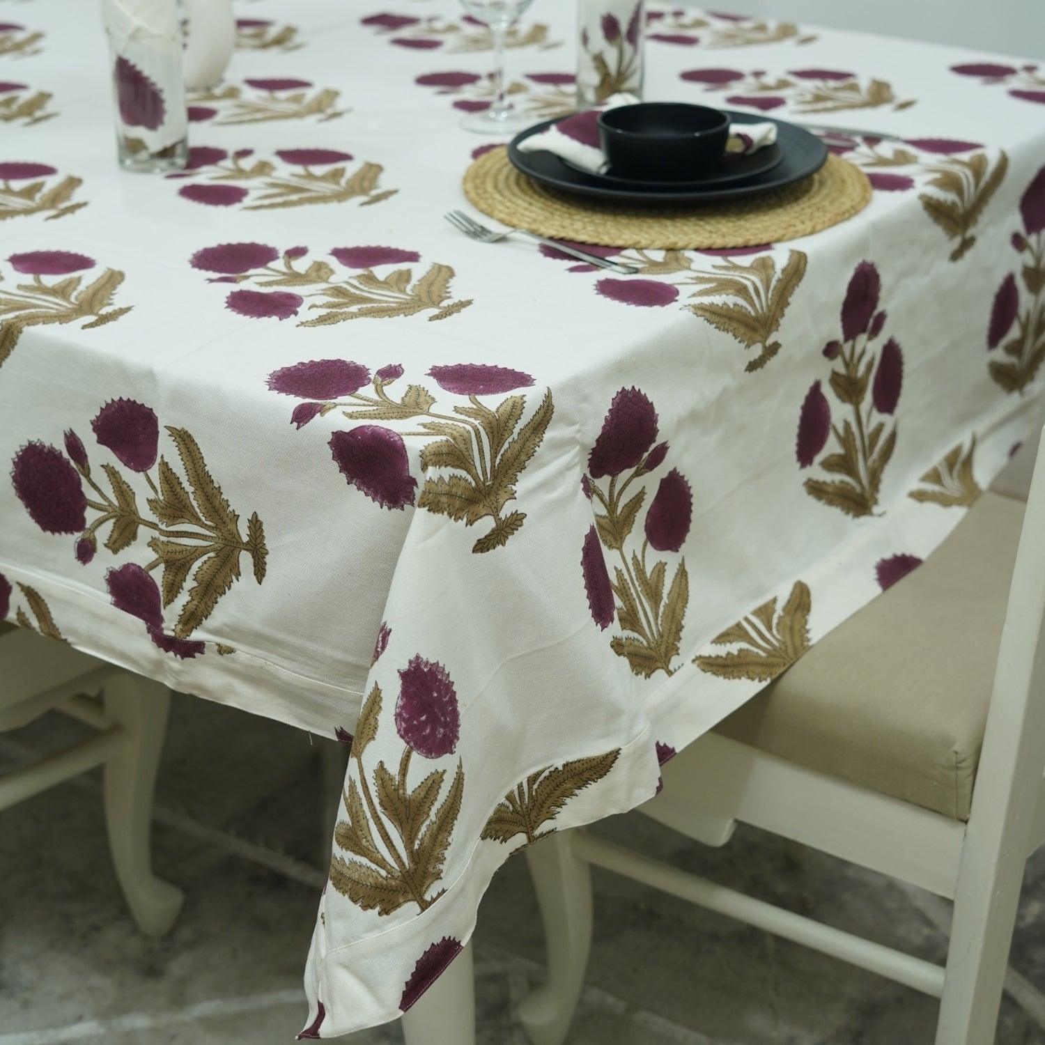 Handblock Printed Thick Cotton Tablecloth With Intricate Floral Pattern - Badshah By Fabdivine