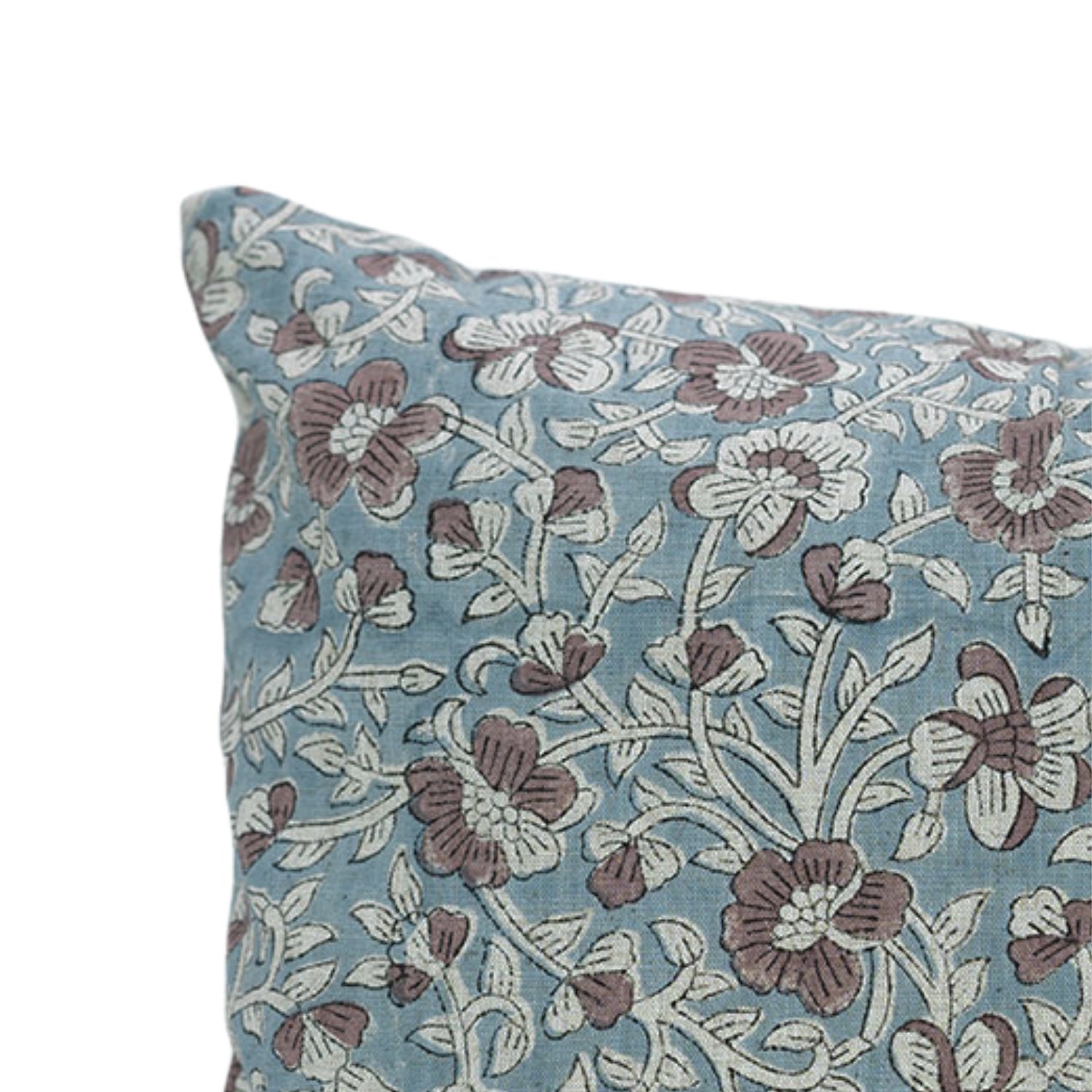 Saundrya Block Printed Handmade Floral Cushion Protector – Light Blue & Brown 