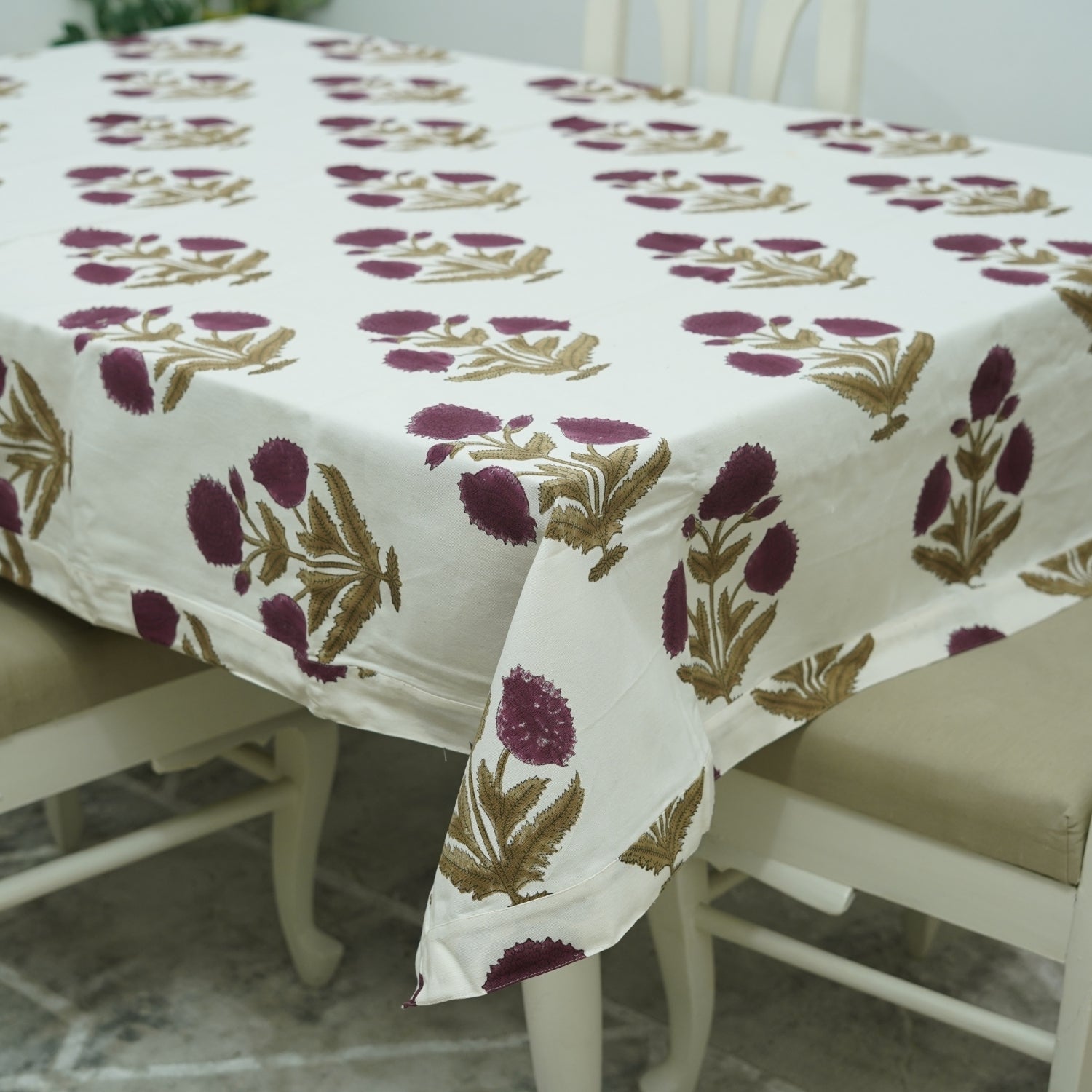 Handblock Printed Thick Cotton Tablecloth With Intricate Floral Pattern - Badshah By Fabdivine