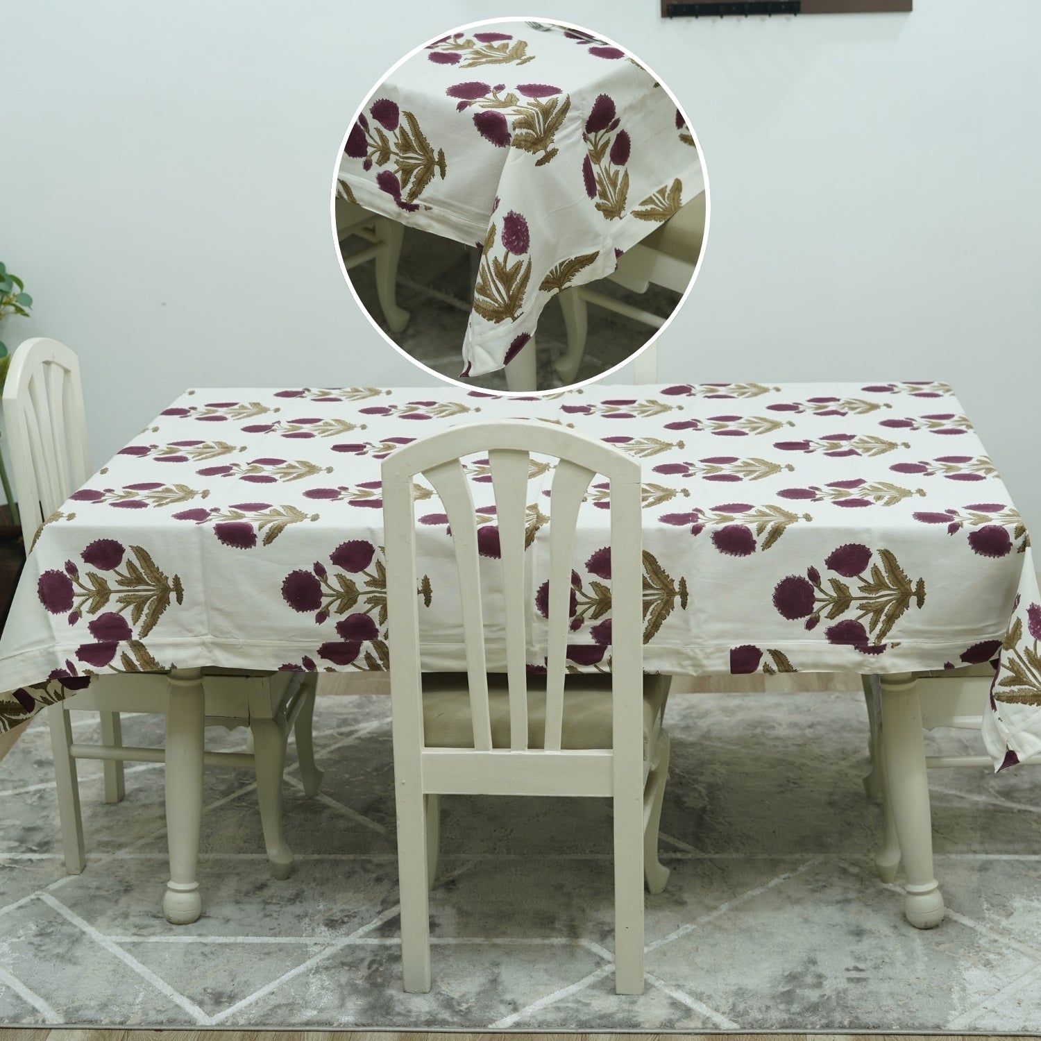 Handblock Printed Thick Cotton Tablecloth With Intricate Floral Pattern - Badshah By Fabdivine