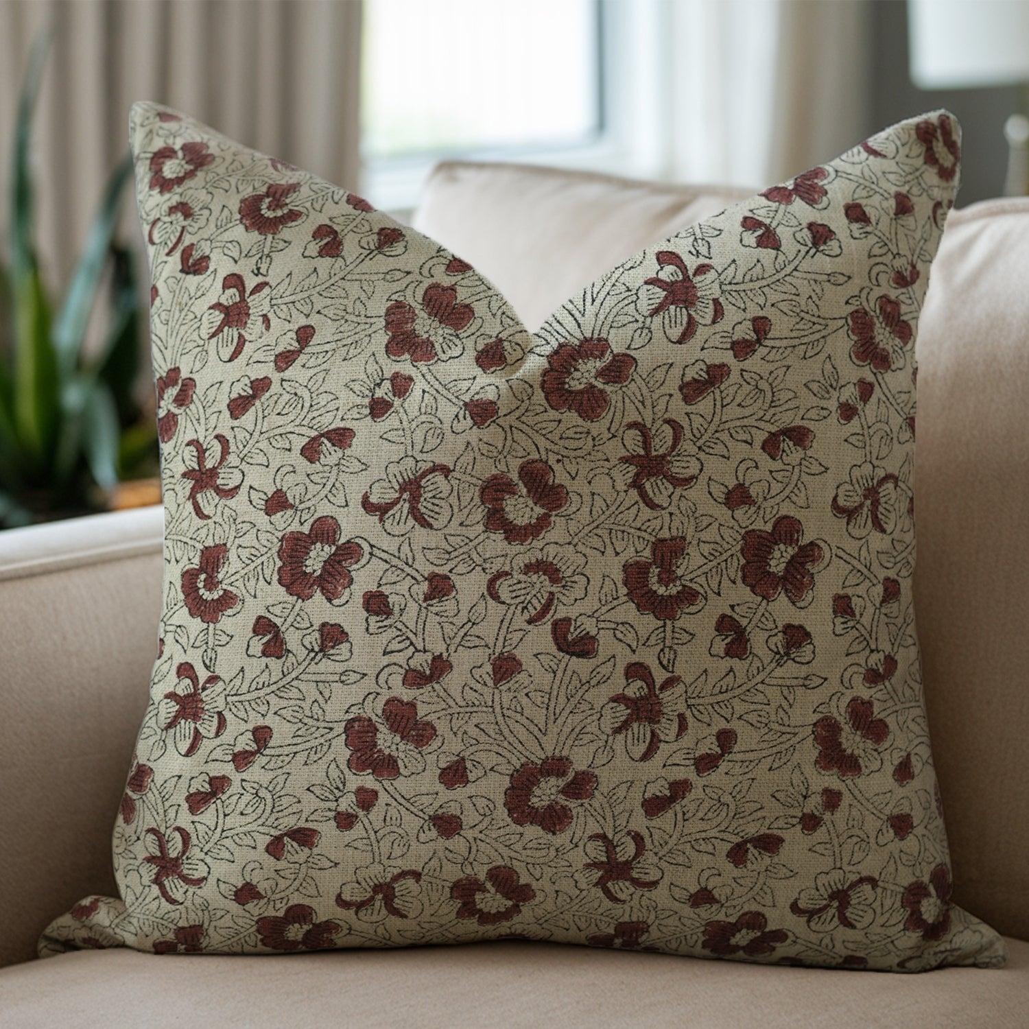 Throw Pillow Versatile – Handblock Printed Thick Linen with Sandhya Red Floral Design By Fabdivine.