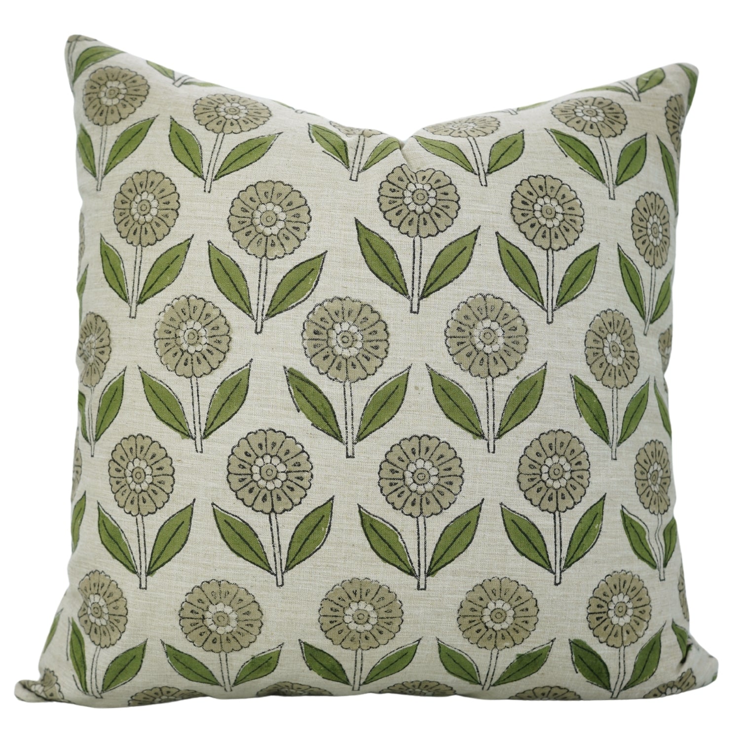 Floral Print Linen Blend Hand Block Green Cushion Cover - Ganda Pushp By Fabdivine