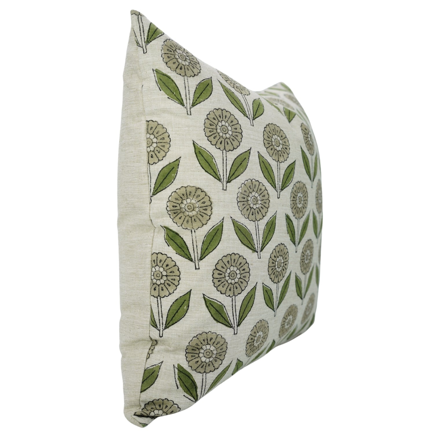 Floral Print Linen Blend Hand Block Green Cushion Cover - Ganda Pushp By Fabdivine