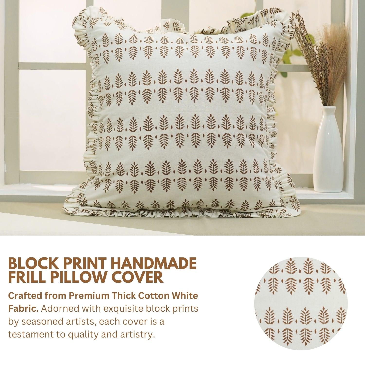 Block Print Thick Cotton White Frill Pillow Cover-Darpan