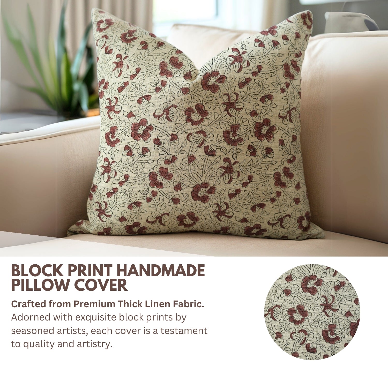 Throw Pillow Versatile – Handblock Printed Thick Linen with Sandhya Red Floral Design By Fabdivine.