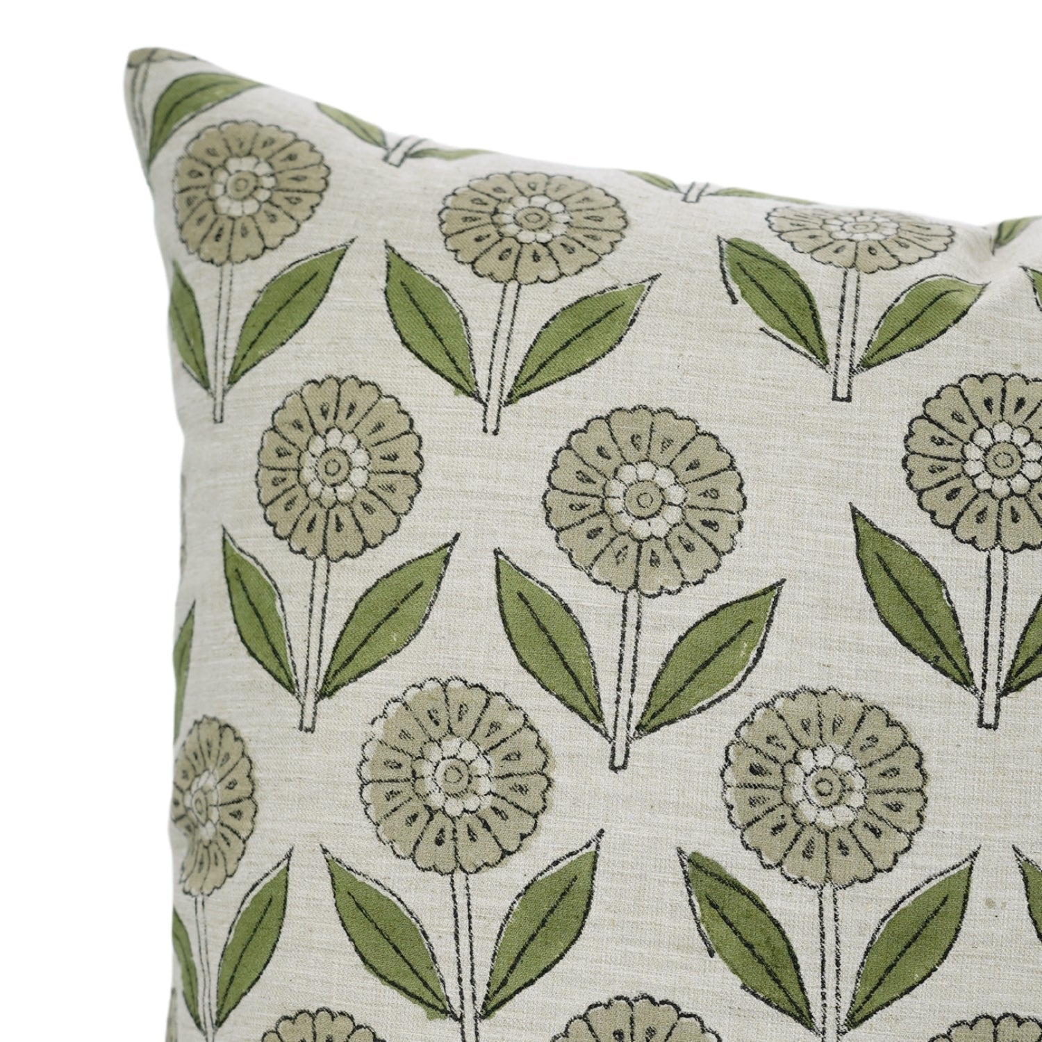 Floral Print Linen Blend Hand Block Green Cushion Cover - Ganda Pushp By Fabdivine