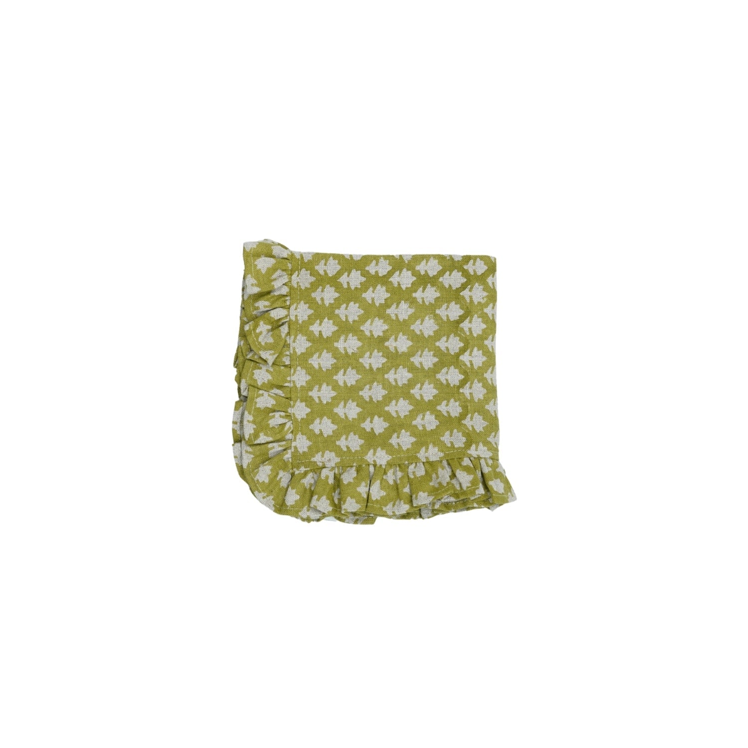 Handcrafted Floral Printed Pure Linen Luxurious Ruffle Frill Table Napkins Pinkcity with Green 