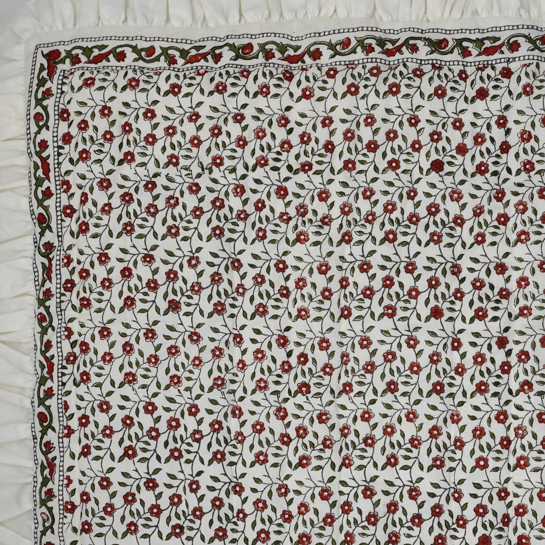 Block Printed Floral Green And Brown Handmade Cotton Quilt