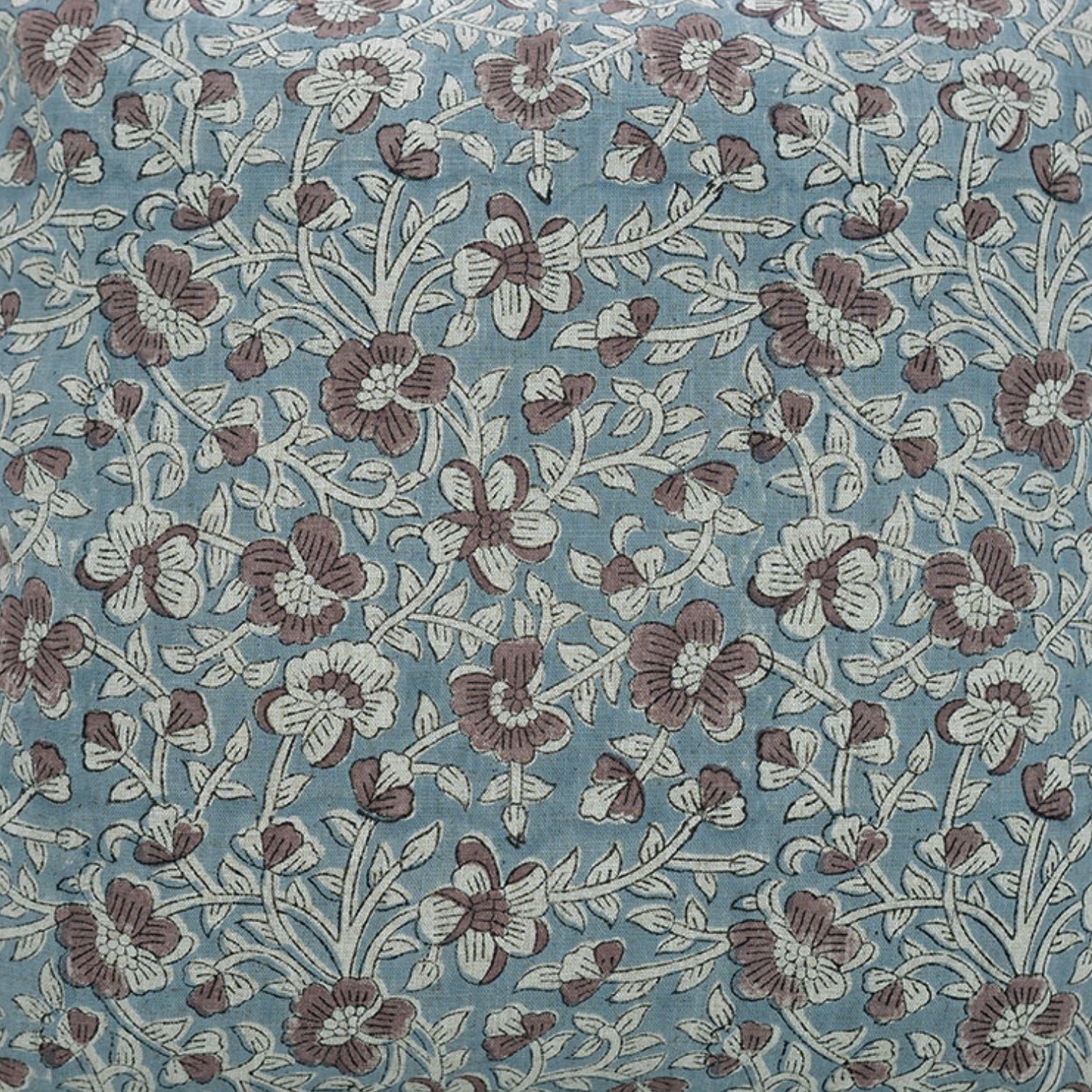 Saundrya Block Printed Handmade Floral Cushion Protector – Light Blue & Brown 