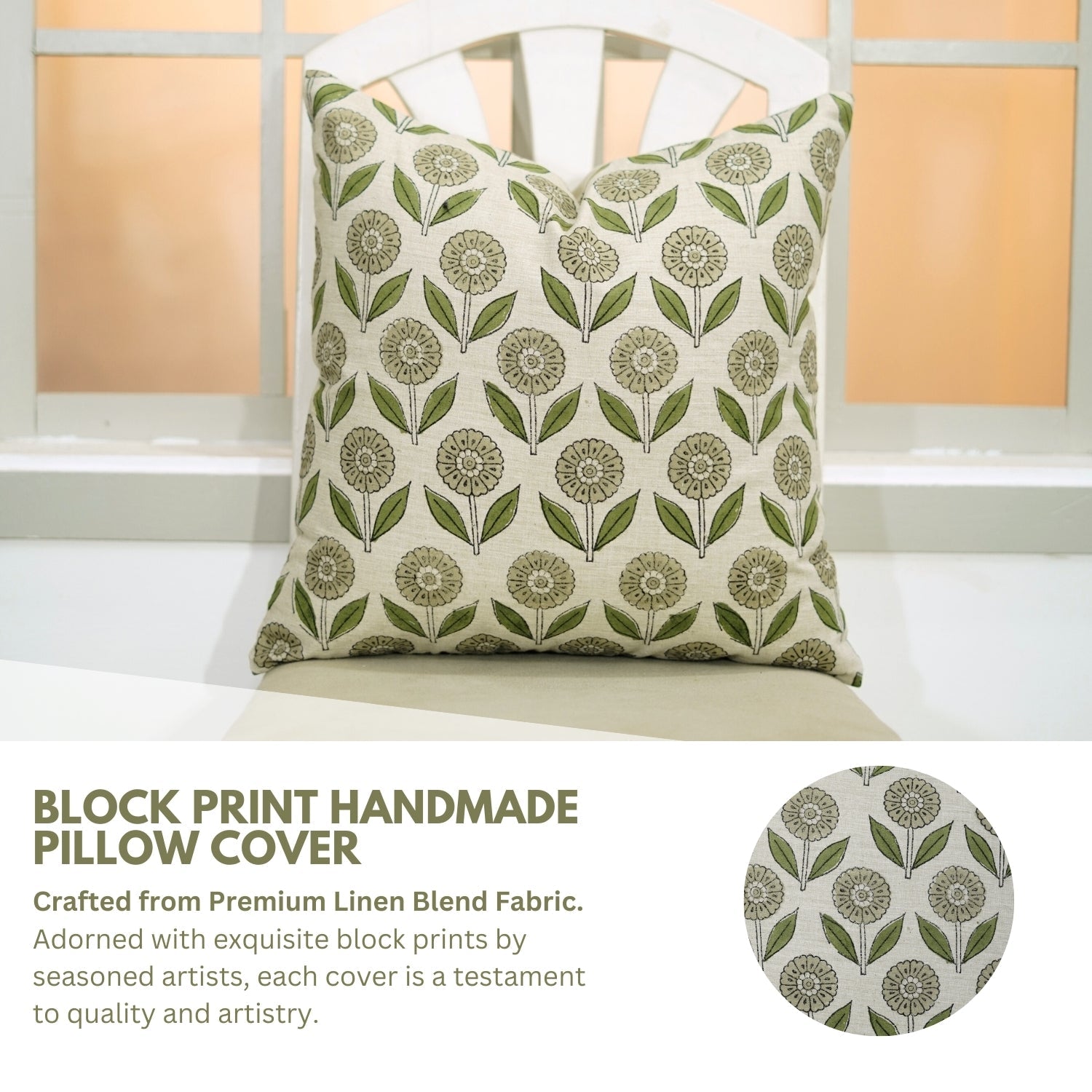 Floral Print Linen Blend Hand Block Green Cushion Cover - Ganda Pushp By Fabdivine