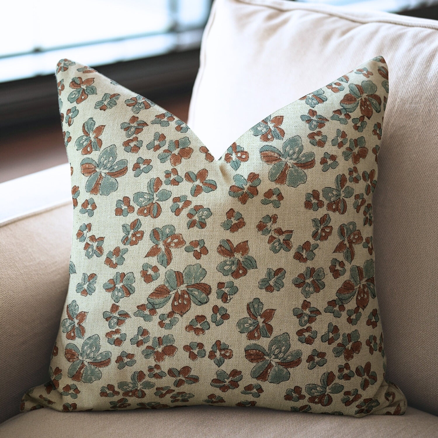 Throw Pillow Handblock Soft Thick Linen with Custom Jhilmil Brown Floral Pattern By Fabdivine.