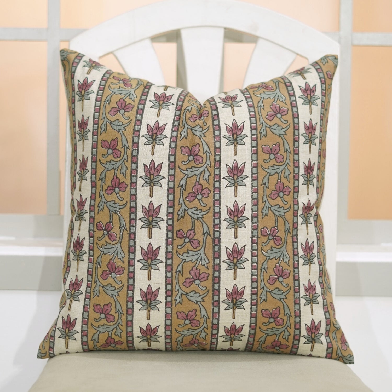 Square Throw Pillow Cover Handblock Printed Linen Blend Floral Design - Red Laxmi By Fabdivine.