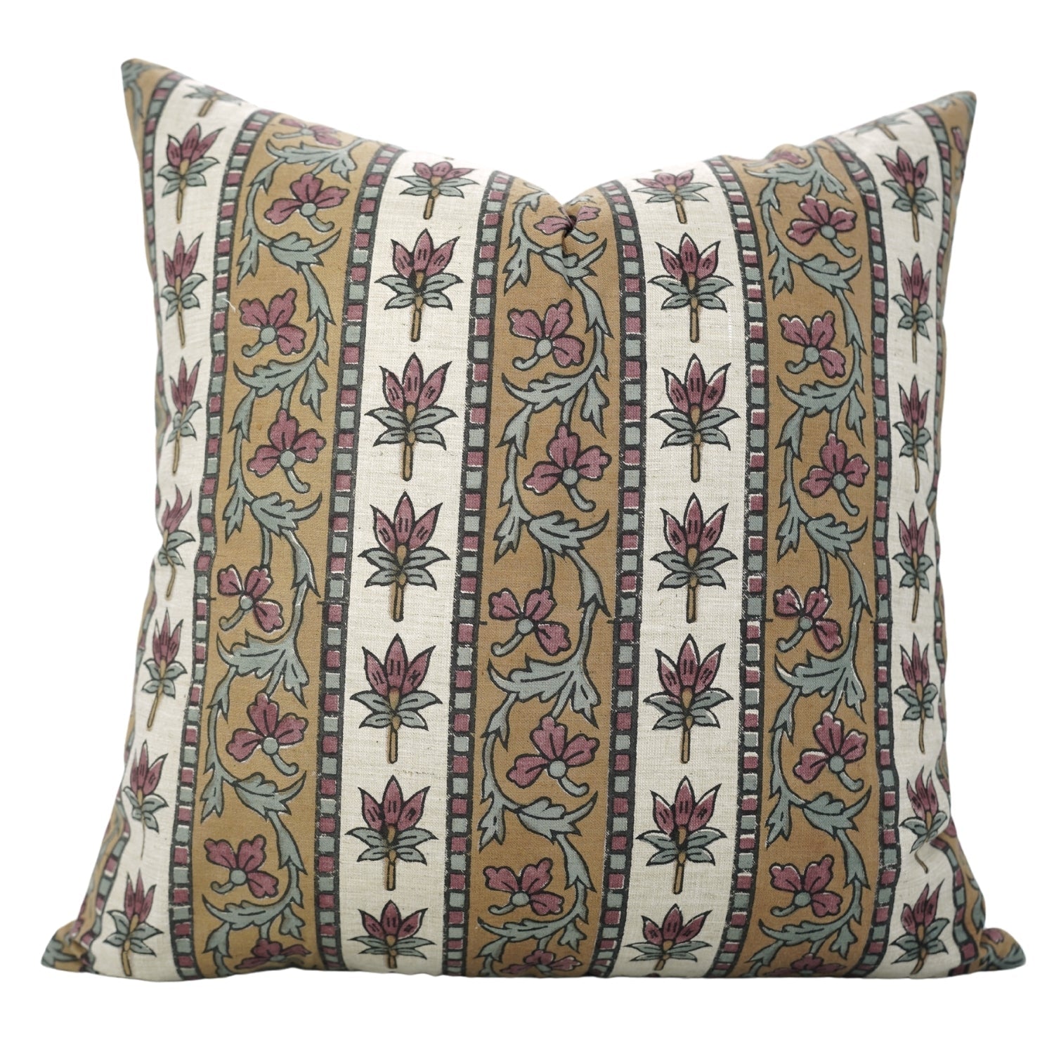 Square Throw Pillow Cover Handblock Printed Linen Blend Floral Design - Red Laxmi By Fabdivine.