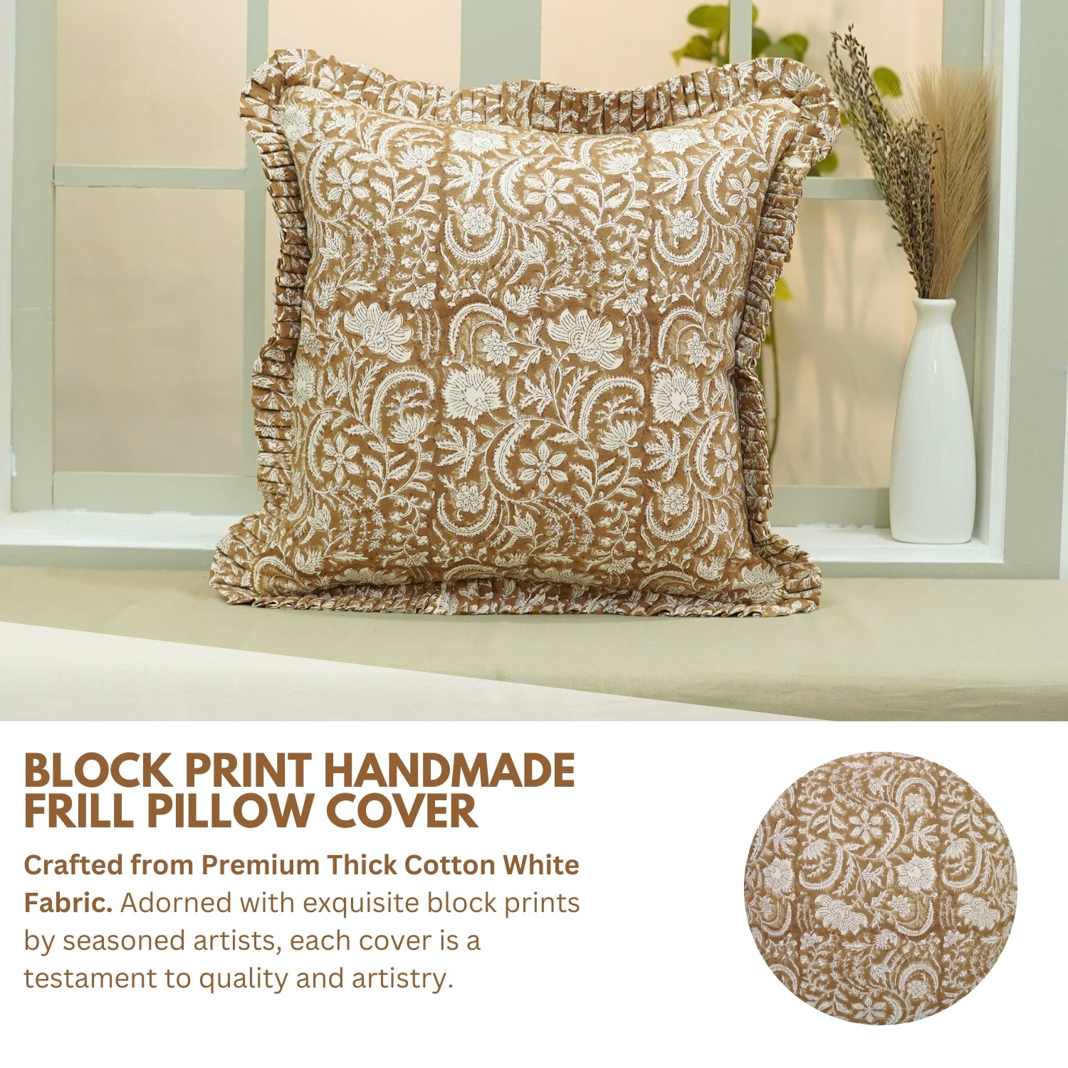 Block Print Thick Cotton White Frill Pillow Cover-Kundanvan