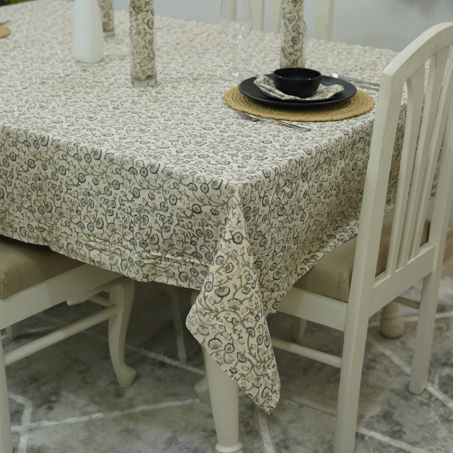 Rectangular White Cotton Tablecloth With Himachal Floral Hand-Block Prints - Elegant Dining Deco By Fabdivine