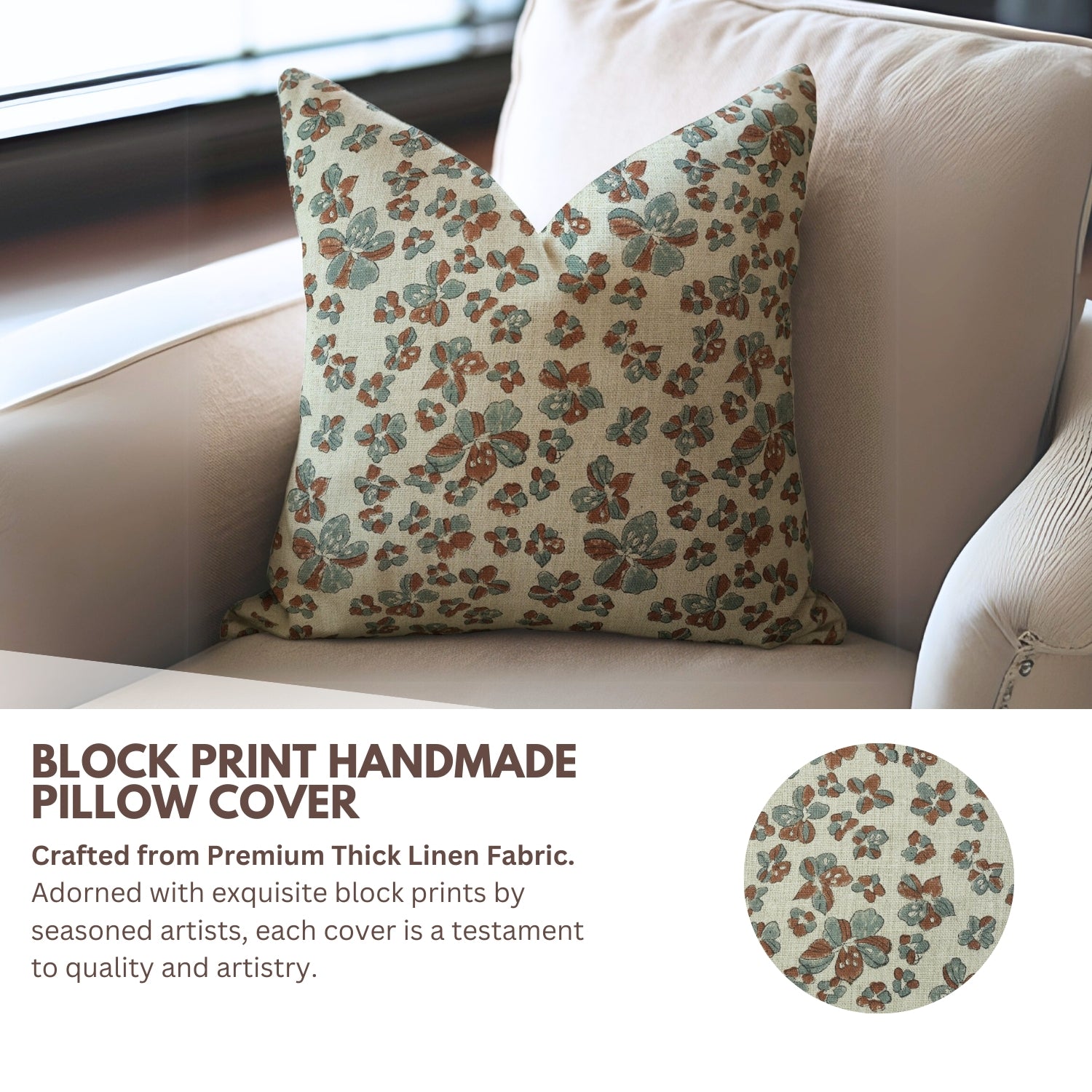 Throw Pillow Handblock Soft Thick Linen with Custom Jhilmil Brown Floral Pattern By Fabdivine.