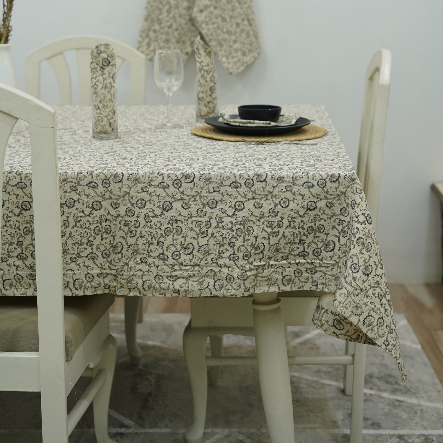 Rectangular White Cotton Tablecloth With Himachal Floral Hand-Block Prints - Elegant Dining Deco By Fabdivine