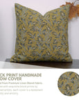 Kamal Dutta Floral Handmade Linen Cushion Cover – Dark Tan Green & Gray Block Printed