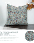 Saundrya Block Printed Handmade Floral Cushion Protector – Light Blue & Brown 