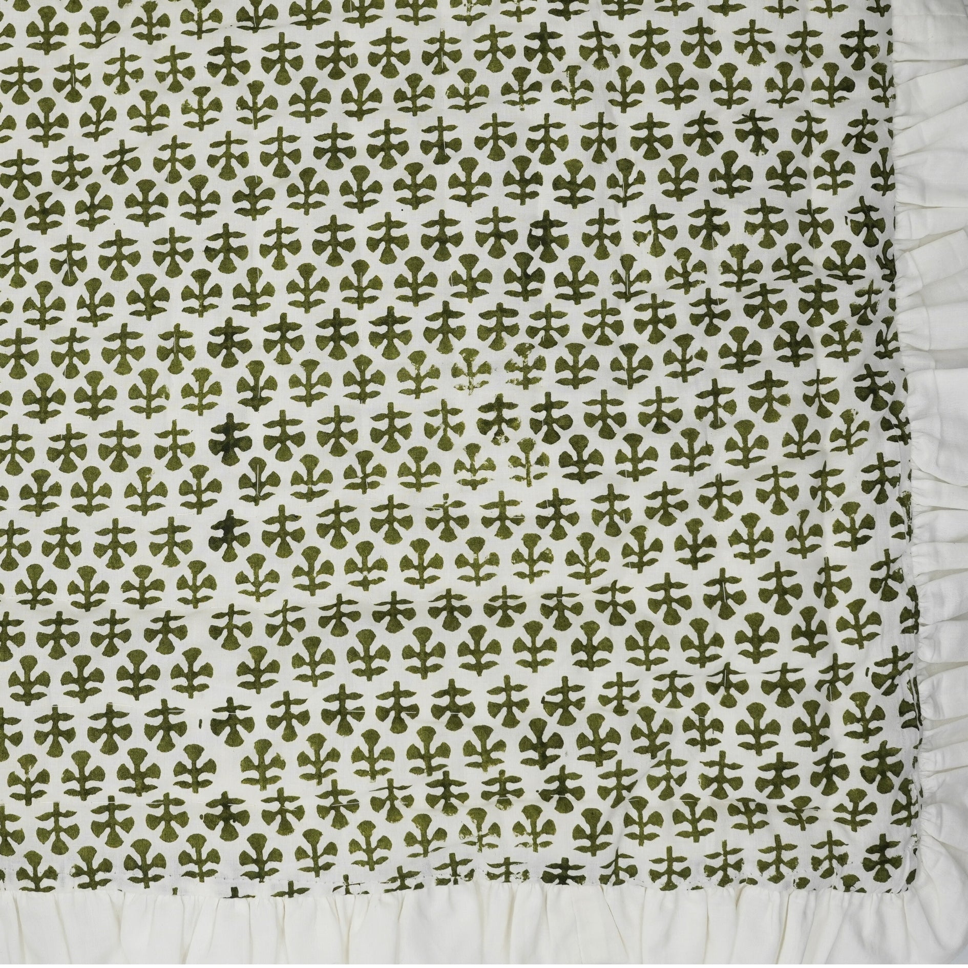 Block Printed Floral Green And Brown Handmade Cotton Quilt