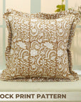 Block Print Thick Cotton White Frill Pillow Cover-Kundanvan