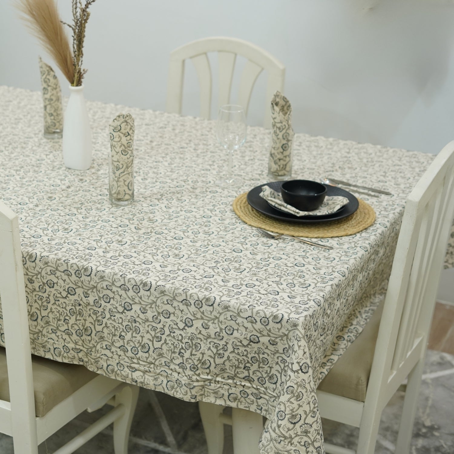 Rectangular White Cotton Tablecloth With Himachal Floral Hand-Block Prints - Elegant Dining Deco By Fabdivine