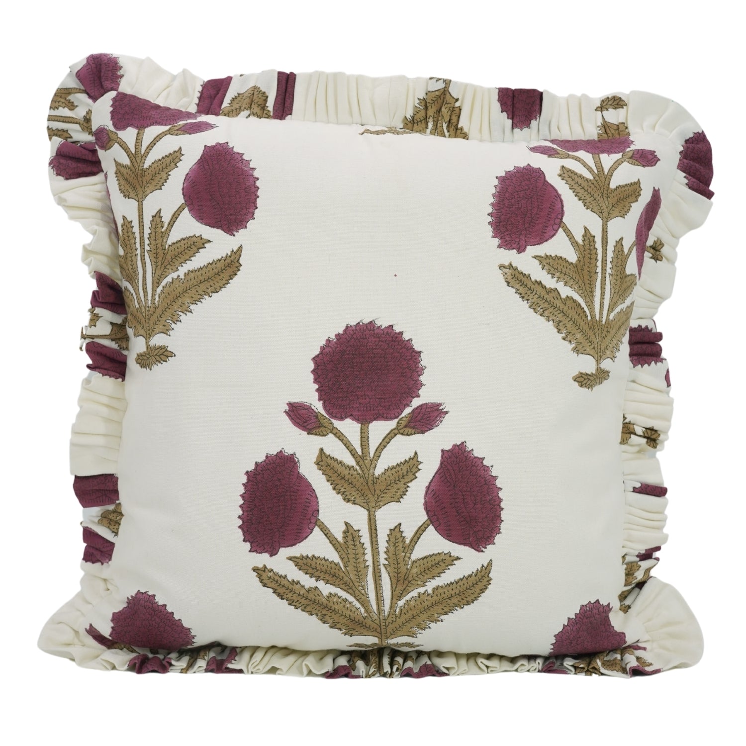 Block Printed Thick Cotton White Frill Pillow Cover - Badshah