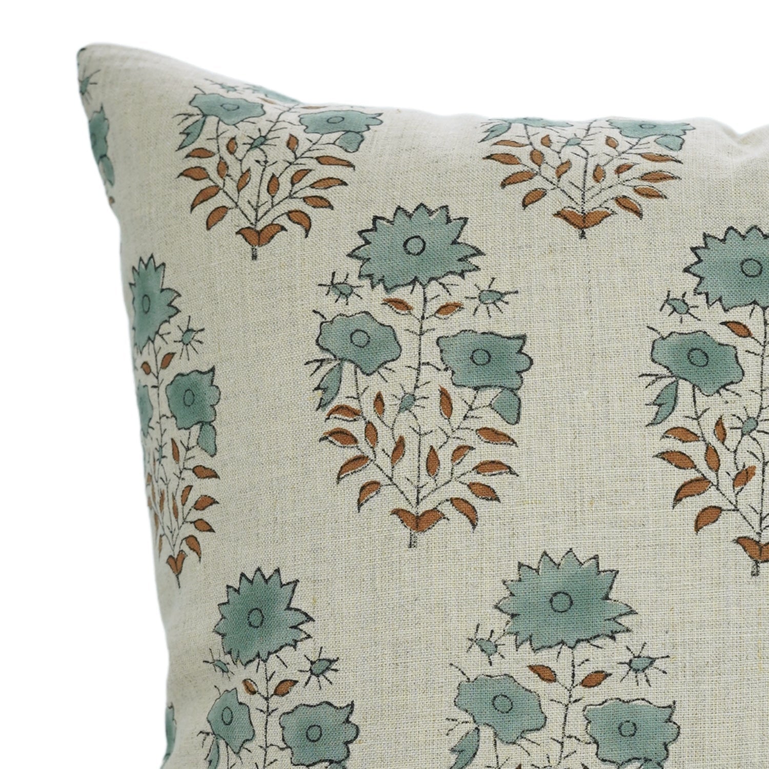 Pure Linen Handblock Printed Floral Pillow Case – Mayra Green By Fabdivine.