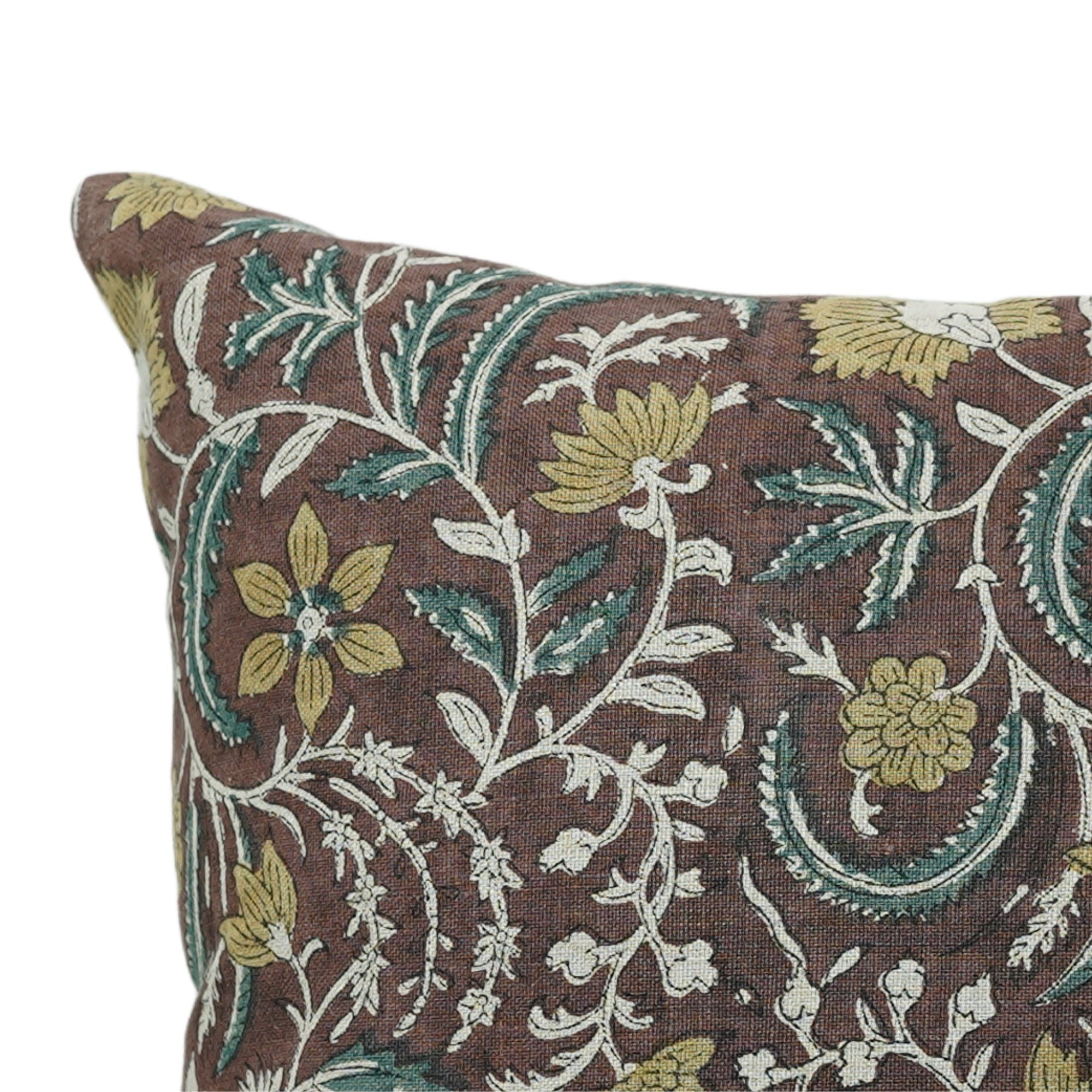 Handmade Floral Print Designer Pillow Cover - Elegant Brown Pure Linen - KUNDANVAN By Fabdivine