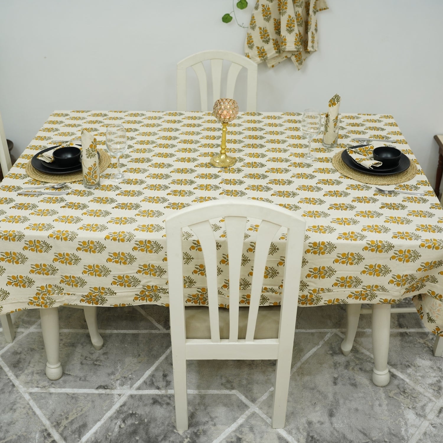 Hand Printed Floral Round Table Cover in Thick Cotton White – Hazara Design for Elegant Home Décor By Fabdivine