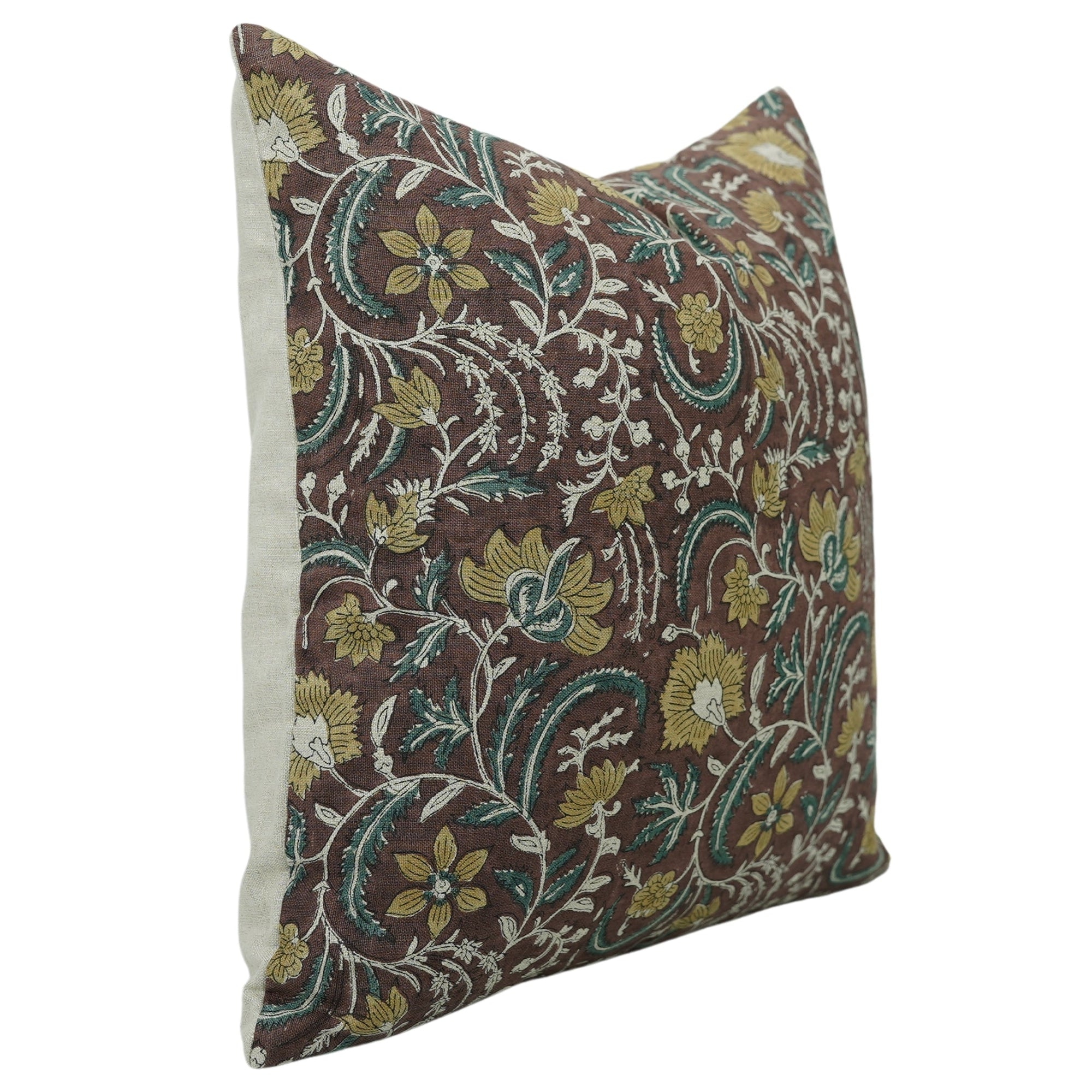 Handmade Floral Print Designer Pillow Cover - Elegant Brown Pure Linen - KUNDANVAN By Fabdivine