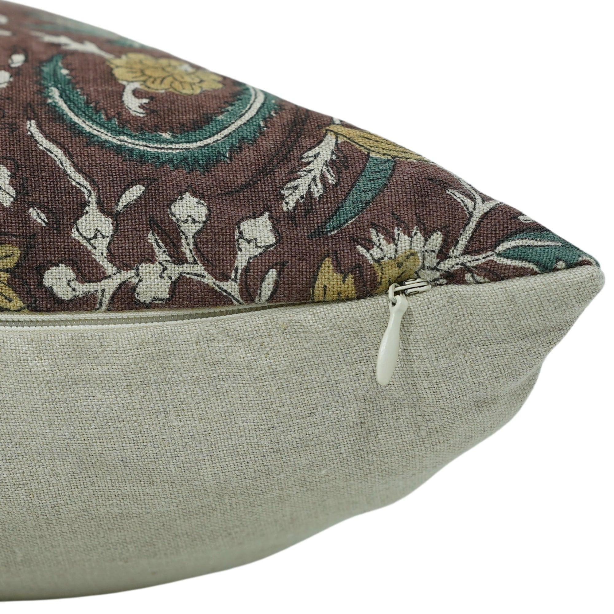 Handmade Floral Print Designer Pillow Cover - Elegant Brown Pure Linen - KUNDANVAN By Fabdivine