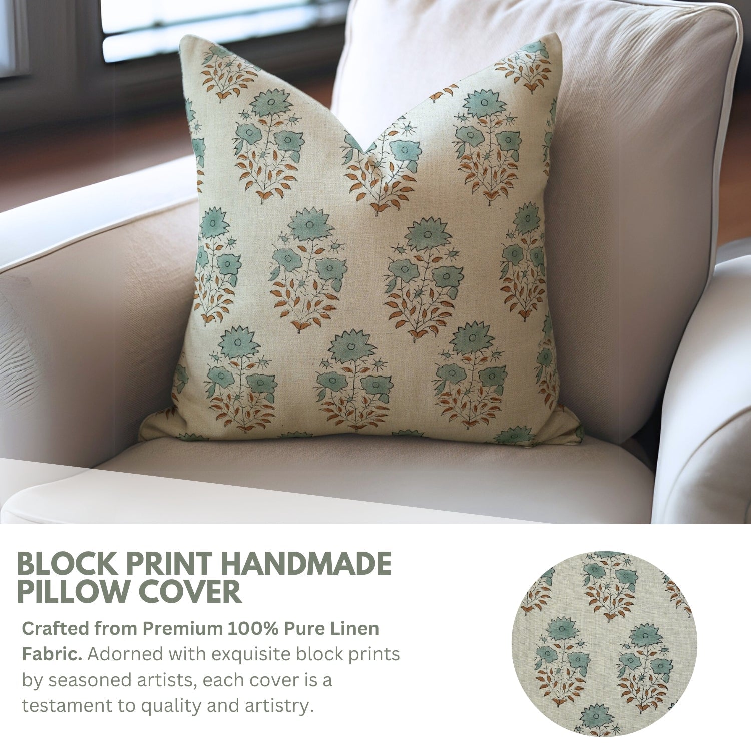 Pure Linen Handblock Printed Floral Pillow Case – Mayra Green By Fabdivine.