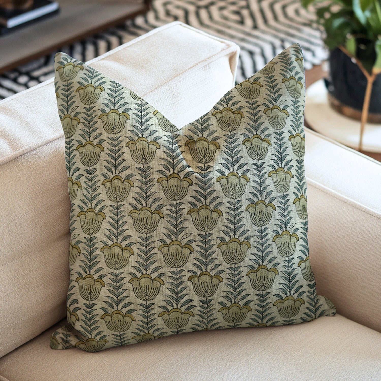 Hand Block Printed Thick Linen Pillow Cover for Couch – Lotus Yellow Floral Design By Fabdivine