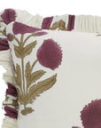 Floral Handmade Block Printed Thick Cotton White Frill Pillow Cover - Badshah