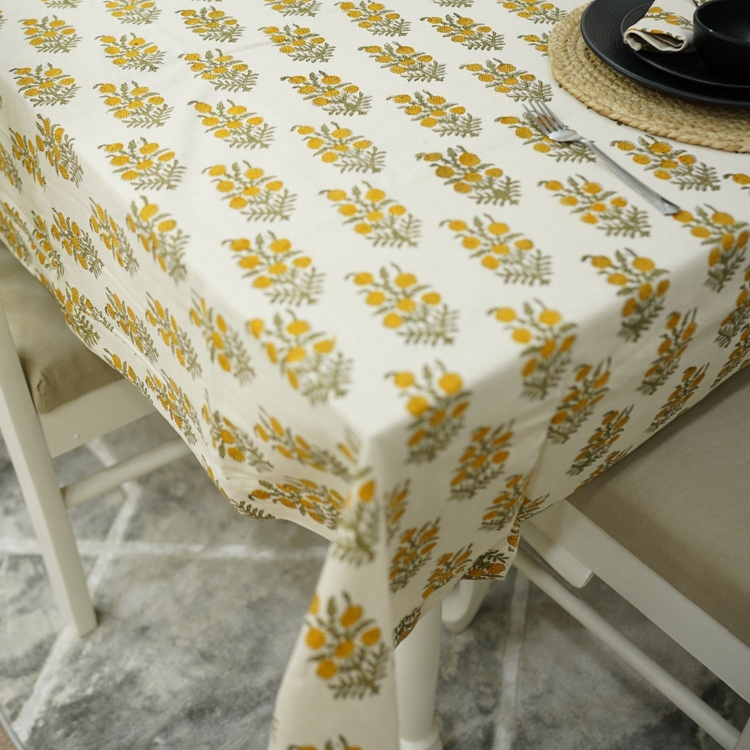 Hand Printed Floral Round Table Cover in Thick Cotton White – Hazara Design for Elegant Home Décor By Fabdivine