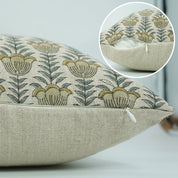 Hand Block Printed Thick Linen Pillow Cover for Couch – Lotus Yellow Floral Design By Fabdivine