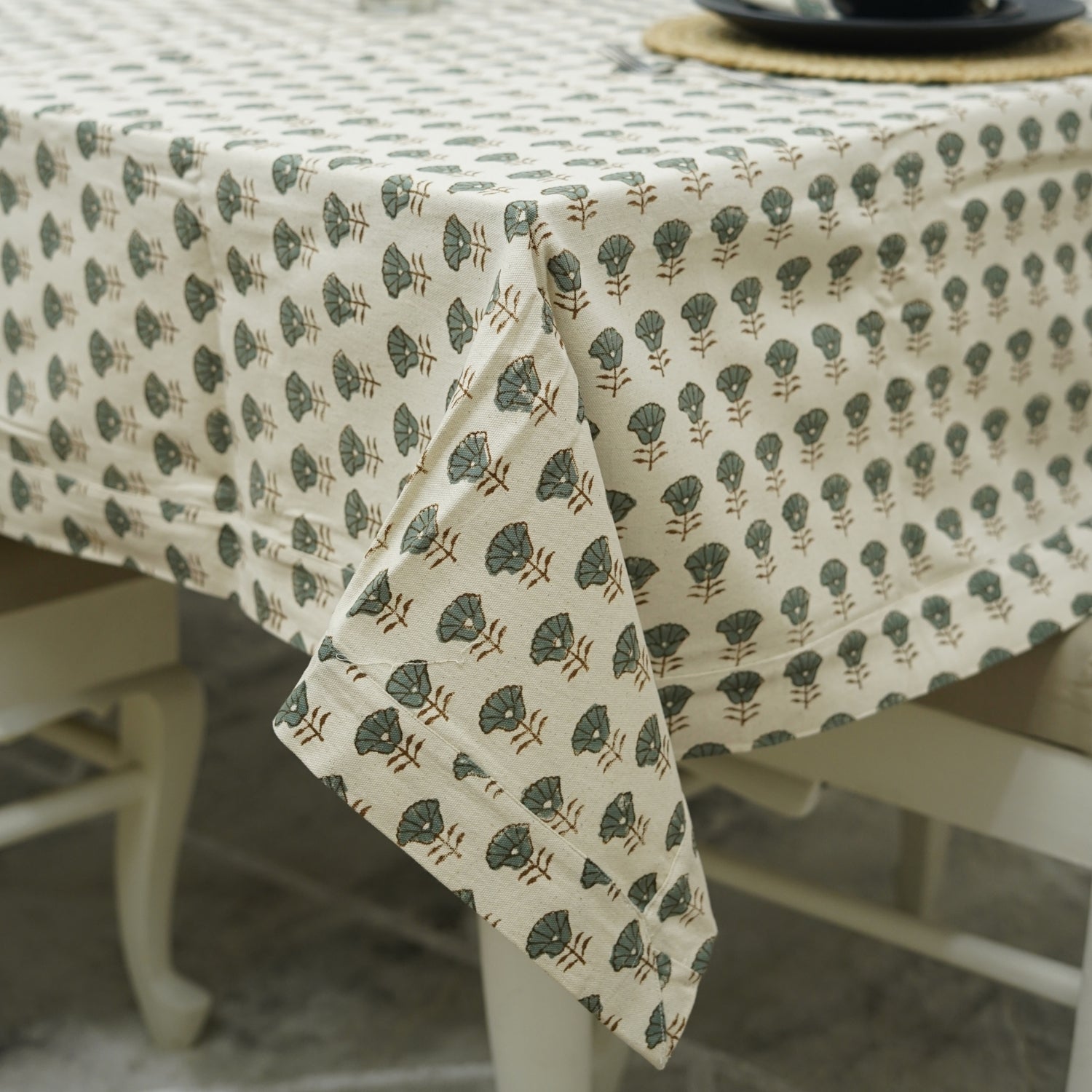 White Floral Block Print Table Cover in Duck Canvas – Elegant And Durable Dining Decor - Kohinoor Gray By Fabdivine