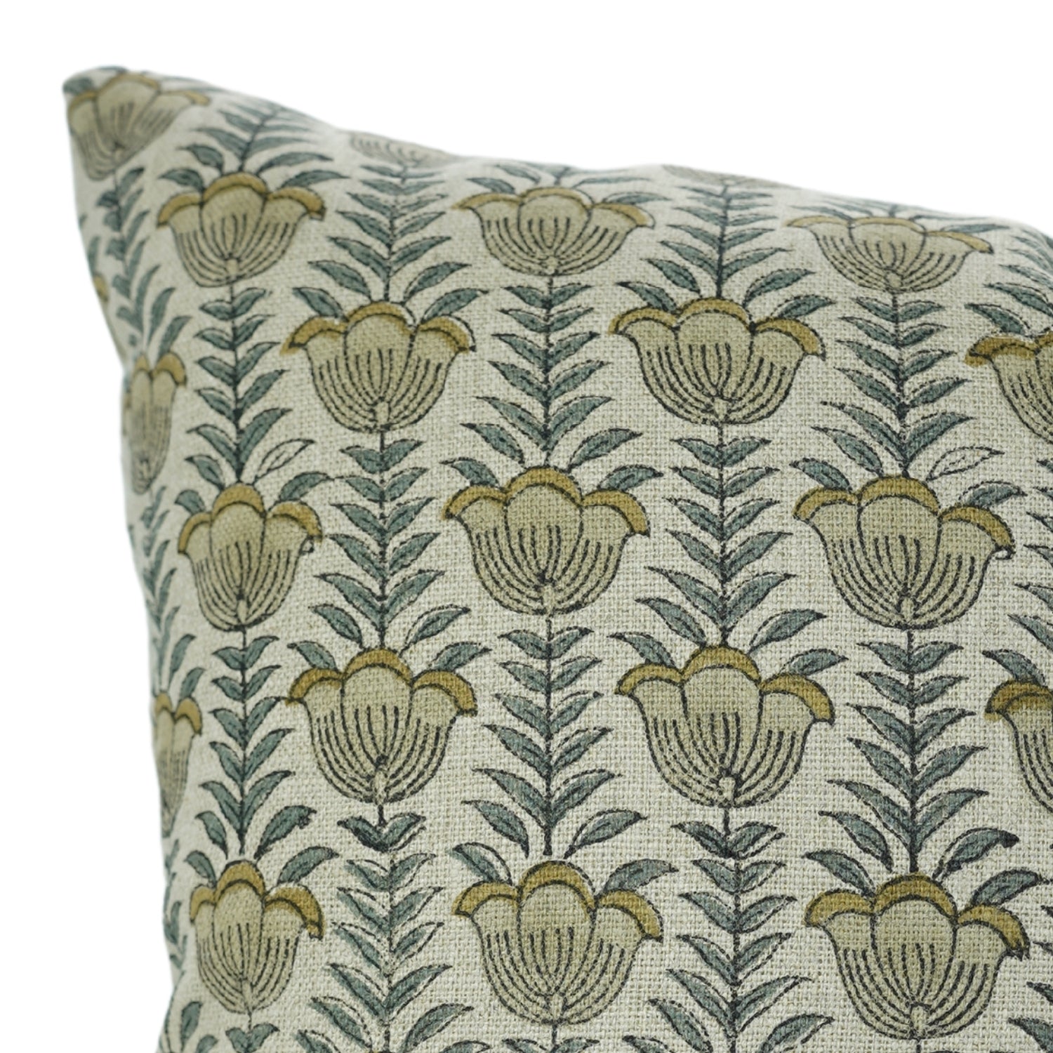 Hand Block Printed Thick Linen Pillow Cover for Couch – Lotus Yellow Floral Design By Fabdivine