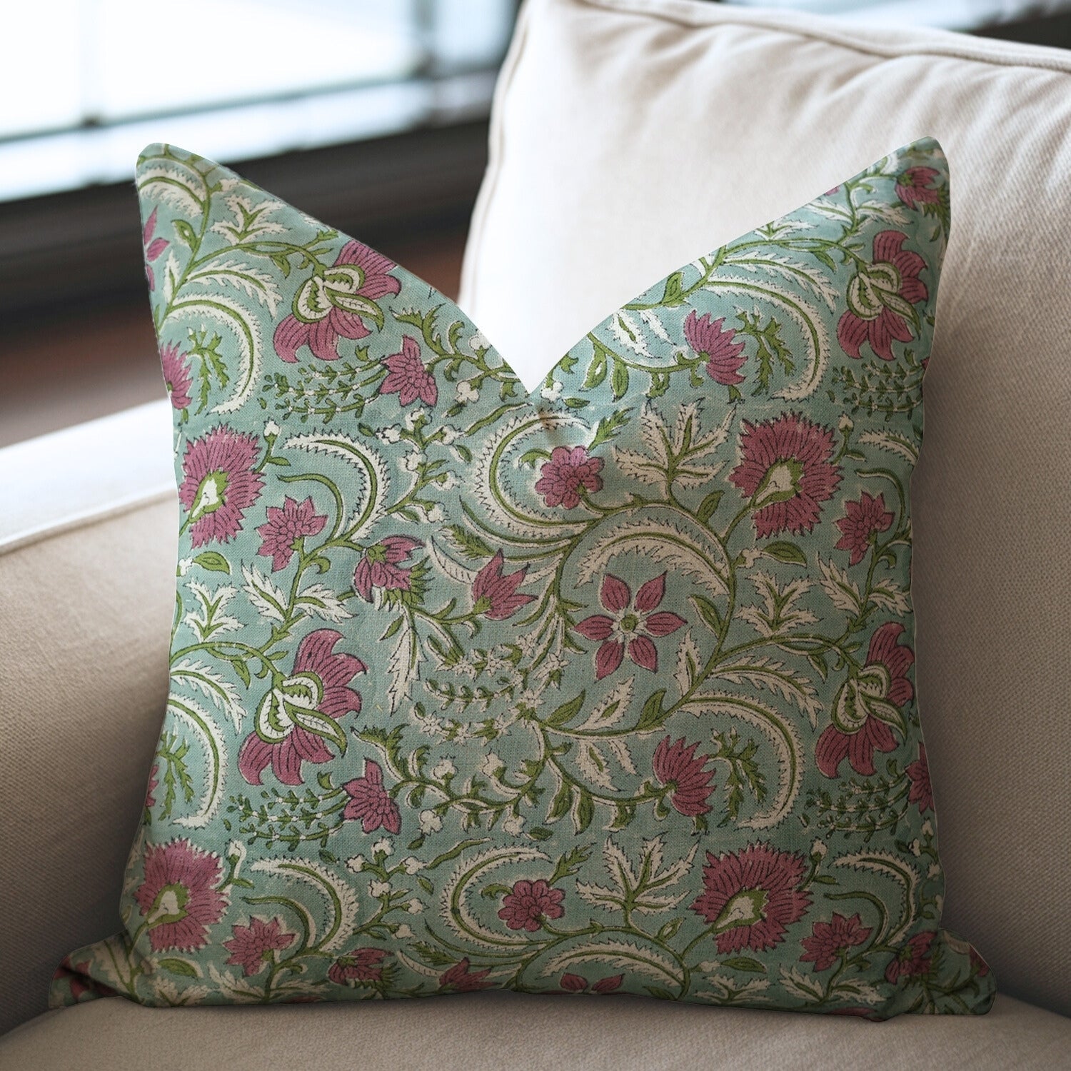 Pure Linen Block Printed Cushion Cover – Kundanvan Green Floral Design By Fabdivine