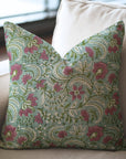 Pure Linen Block Printed Cushion Cover – Kundanvan Green Floral Design By Fabdivine